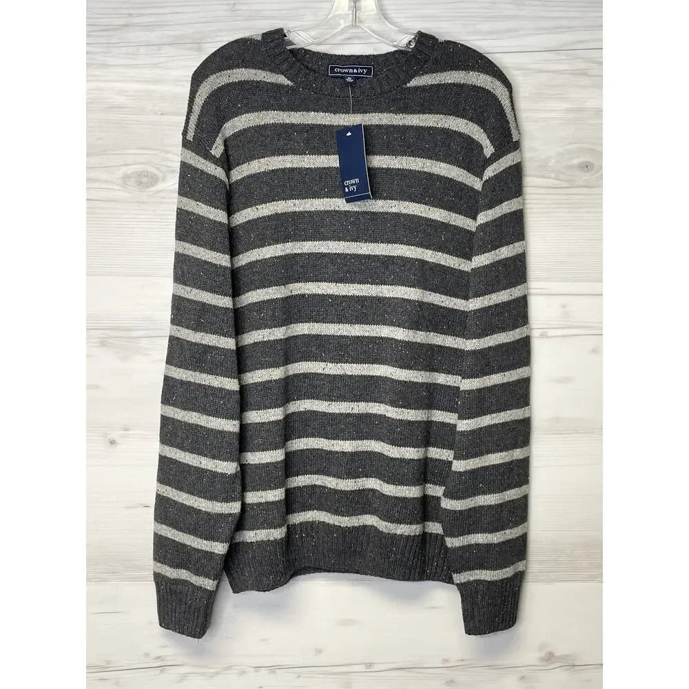 Crown & Ivy Sweater Mens XL Dark Gray Heather Striped‎ Pullover Crewneck NWT